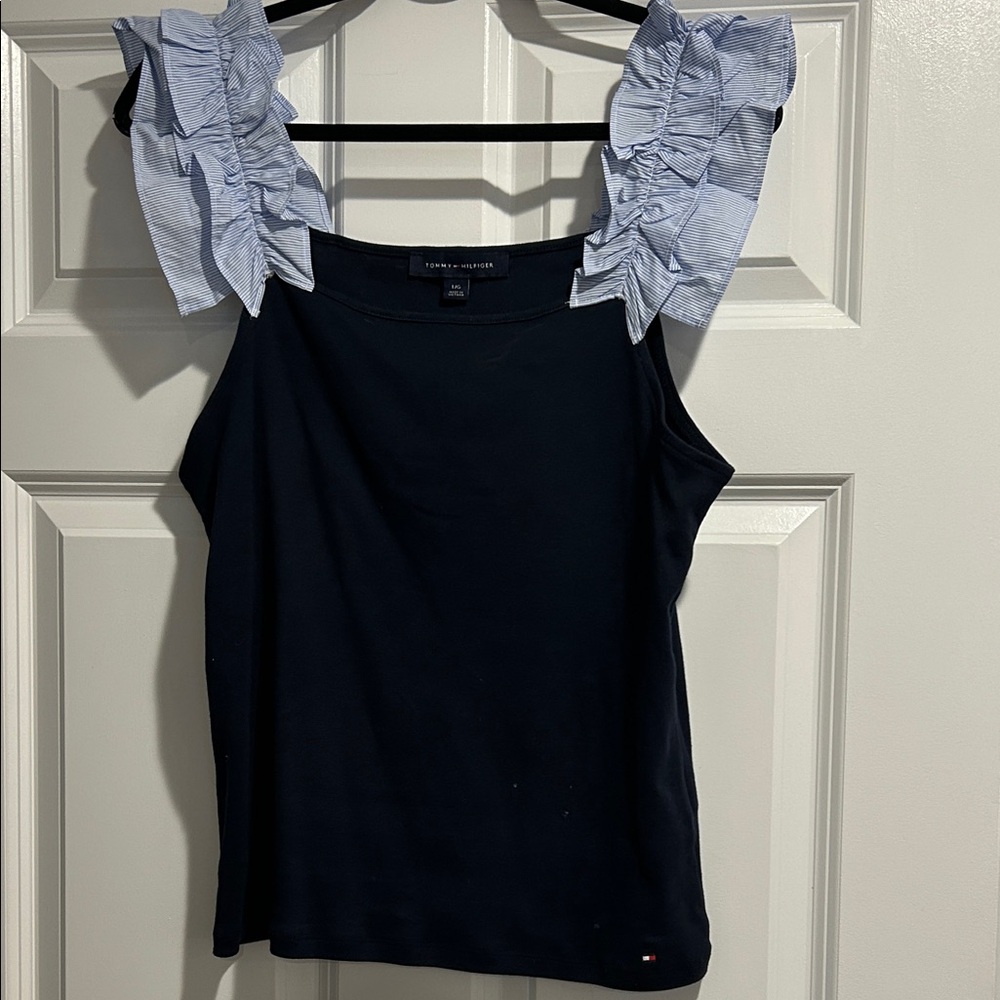 Tommy Hilfiger Black Tank Top with Striped Ruffled Straps